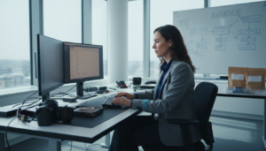 Forensic examiner working on digital evidence in office