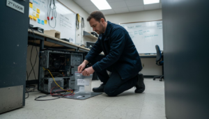 Cyber investigator collecting digital evidence in UK lab