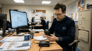 Forensics analyst reviewing mobile evidence in office