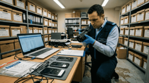 Forensics officer photographing devices in evidence room