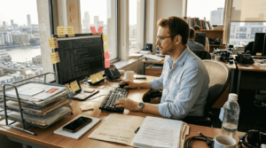 IT specialist analyzing logs in bright office