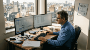 Forensic specialist analyzing digital evidence workspace