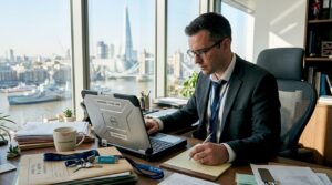 Forensic analyst at desk in London office