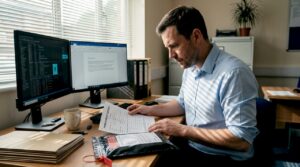 Analyst reviews digital evidence in UK office