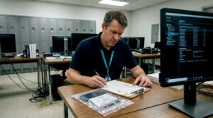 Forensic specialist reviewing evidence chain log