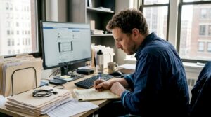 Forensics analyst reviewing social media evidence