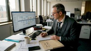 UK solicitor reviewing cloud evidence in office