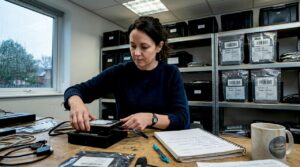 Forensic analyst preparing imaging equipment