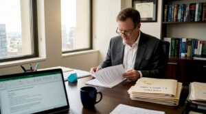 Solicitor reviewing forensic report at desk