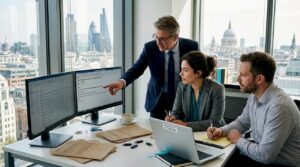 Legal team reviewing digital evidence in office