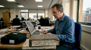 Forensic analyst checking digital evidence in office