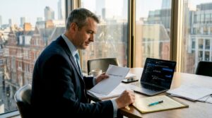 Solicitor reviews incident response documents at conference table