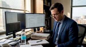 Cybersecurity analyst reviewing malware and legal files