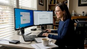 Forensic analyst imaging hard drive in home office