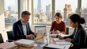 Legal team reviewing data breach report in office