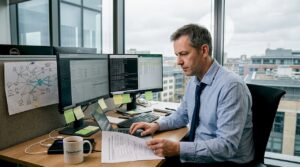 Manager reviewing cybersecurity checklist in UK office