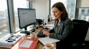 HR investigator reviewing digital evidence in office