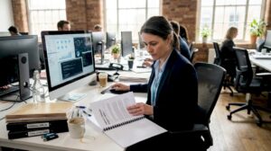 Forensic consultant reviewing report in office