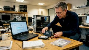 Forensic examiner connecting hard drive in IT lab