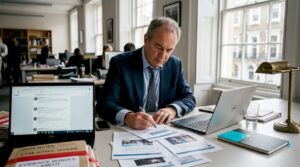 Lawyer reviewing printed social media evidence