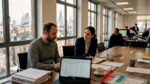 Legal team and forensic expert at conference table