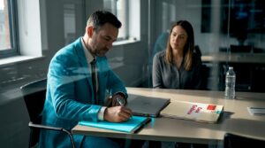 Investigator interviewing witness in small conference room