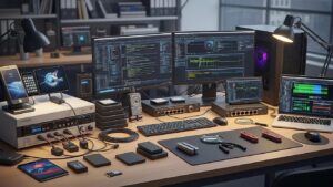 Collection of digital forensic tools and devices on a workspace