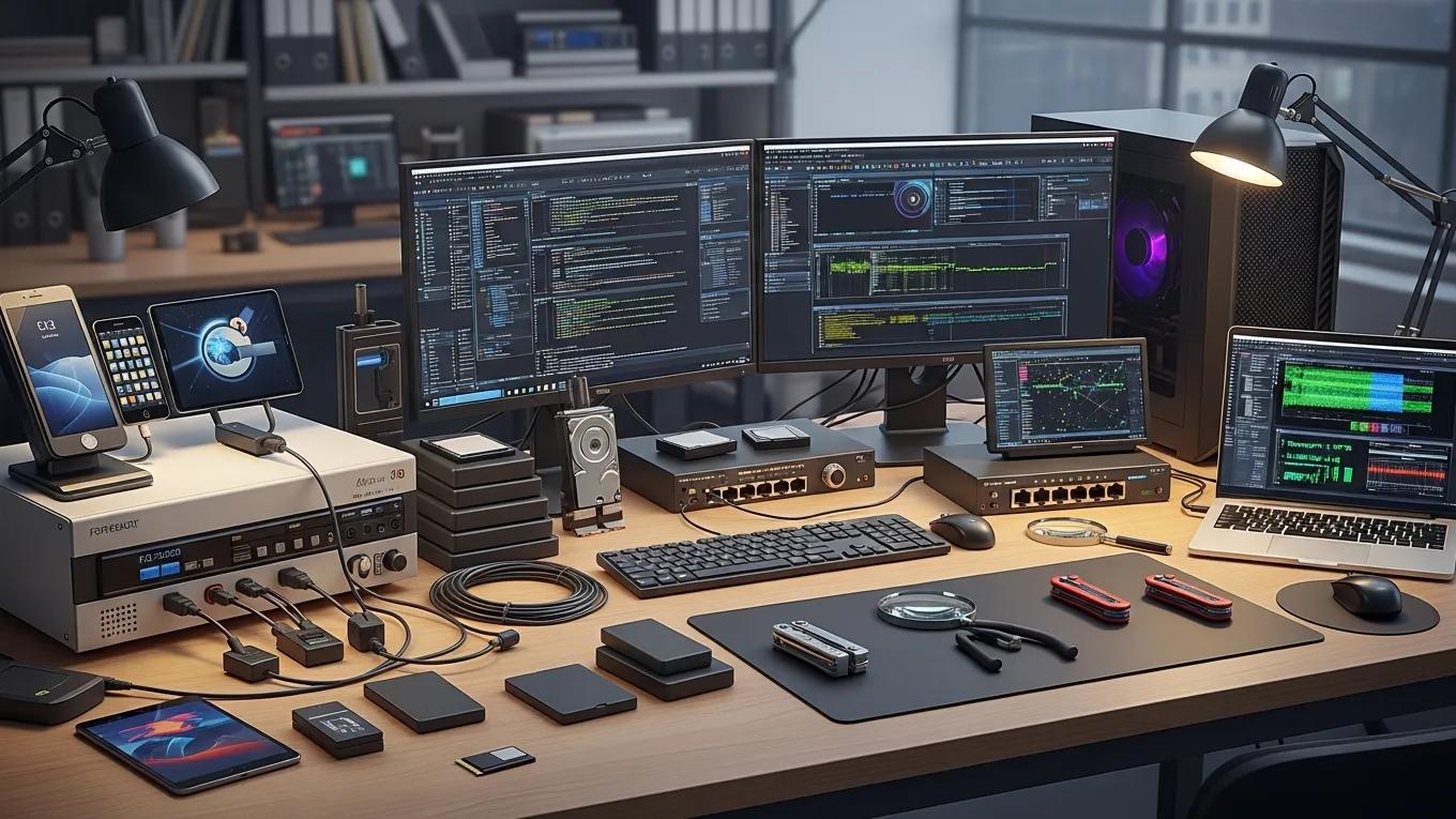 What to Expect From Digital Forensic Investigations 2 Collection of digital forensic tools and devices on a workspace