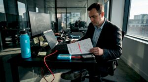 Forensic analyst connecting devices at lab desk