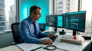 Forensics expert preserving digital evidence in office