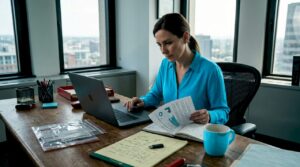 Forensic analyst reviewing digital report documents