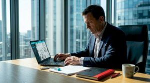 Solicitor reviews documents in corner office