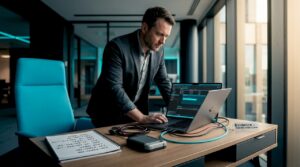 Forensic analyst at workstation imaging hard drive