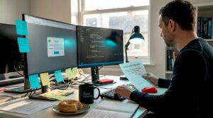 Cybersecurity analyst working at office desk