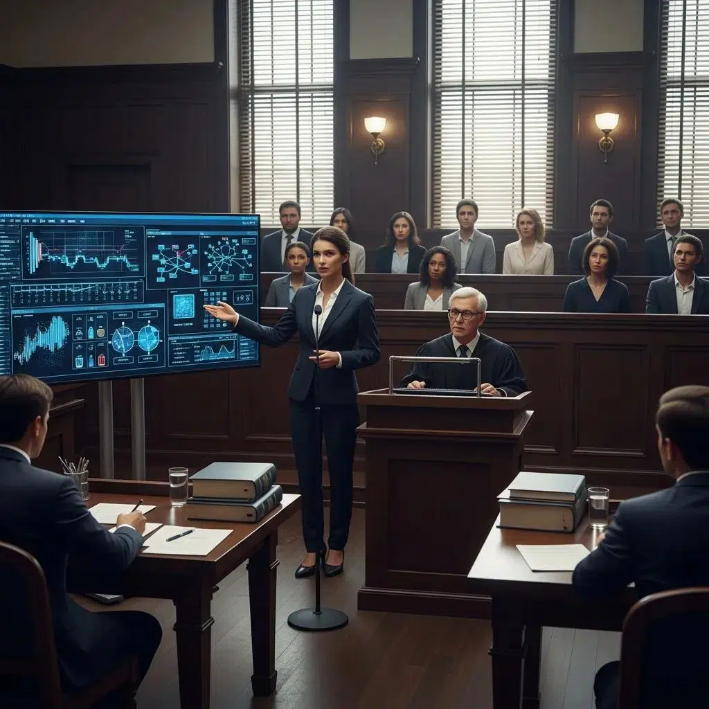 How Digital Forensics Analysts Bolster Defence Solicitors 2 Digital forensics analyst providing expert testimony in a courtroom setting