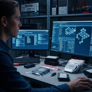Digital forensics analyst using software for data recovery in a technical environment
