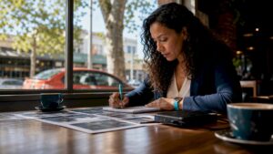 Investigator reviewing printed digital evidence at workstation