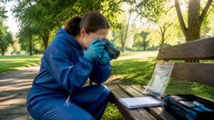 Crime scene investigator photographing evidence outdoors