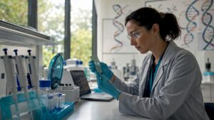 Forensic geneticist analyzing DNA microarray chip
