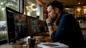 Cybersecurity analyst working at office desk