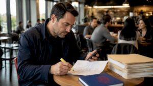 Investigator studying cryptocurrency case files