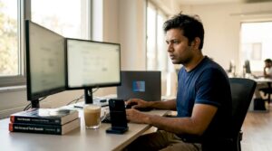Man creating fake websites in cybercrime office