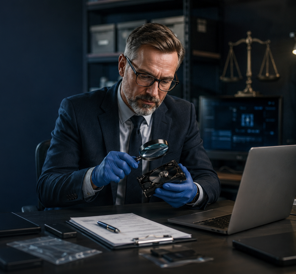 How To Choose A Digital Forensics Company 1 Lawyer examining hard drive with magnifier