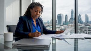 Woman reviewing cloud data and legal documents in office