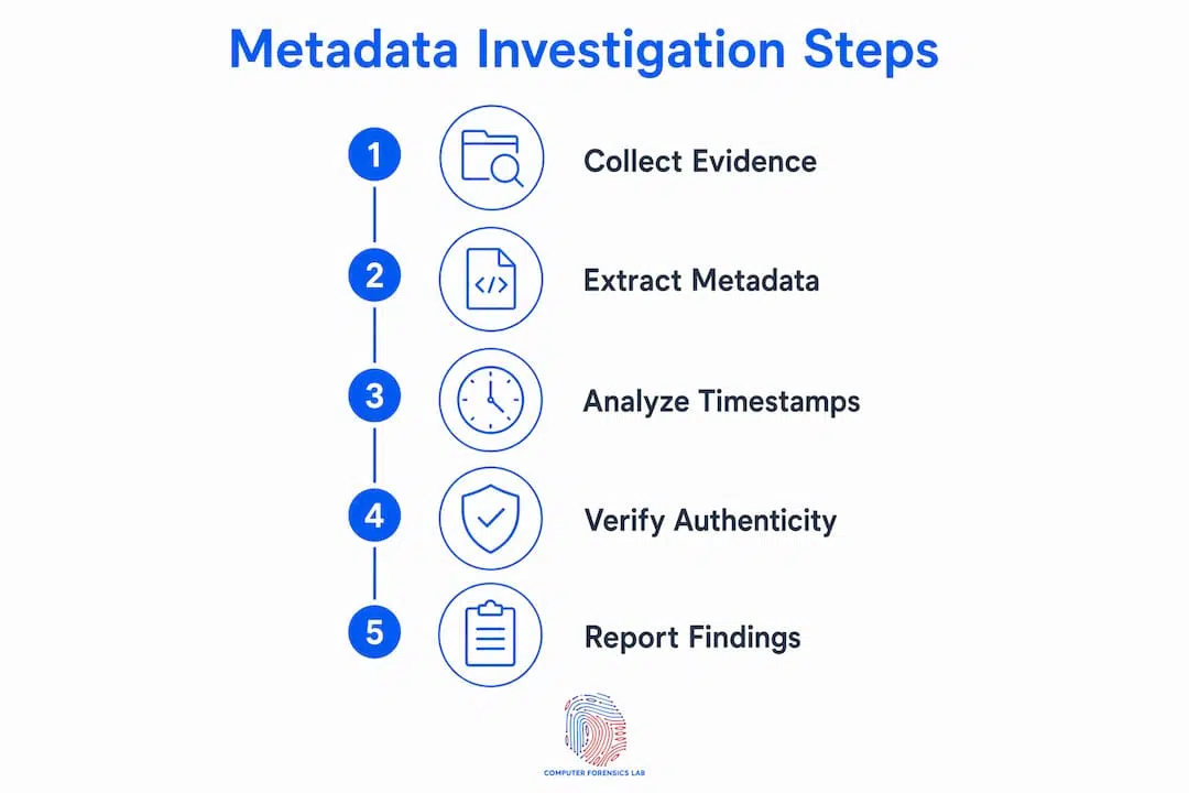 The role of metadata in investigation: a guide for forensic practitioners 1 Infographic showing step-by-step forensic metadata investigation process