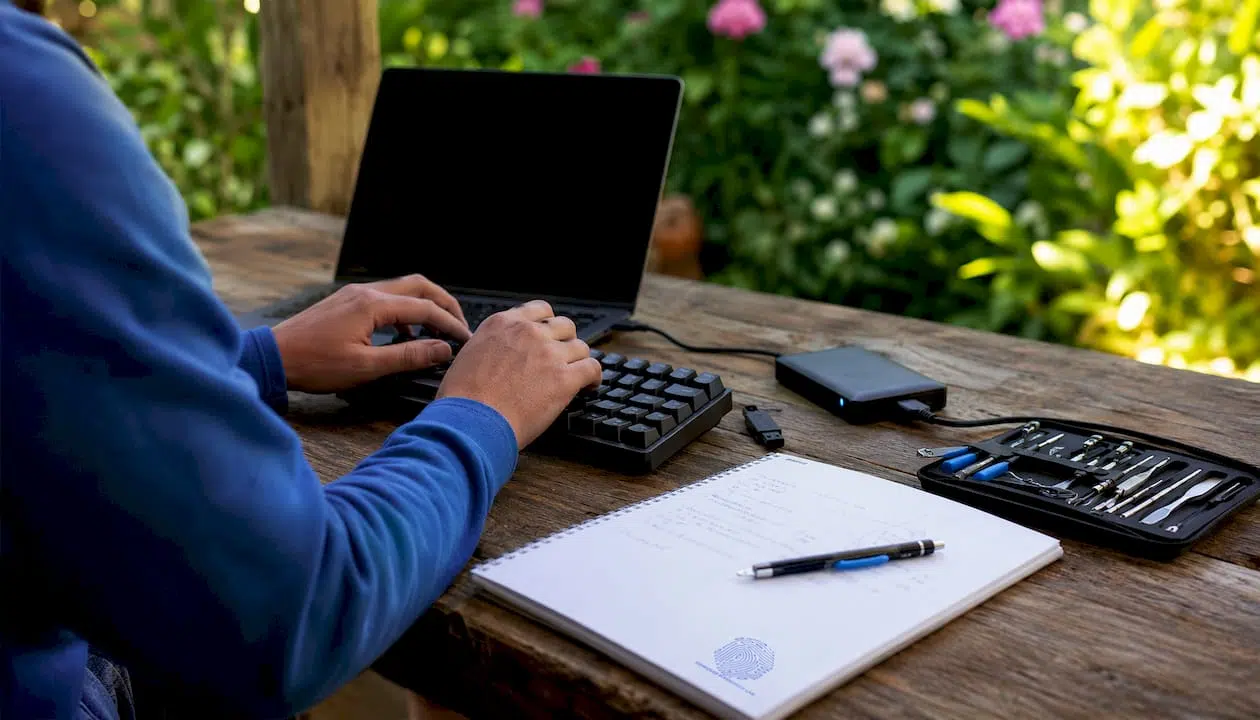 Encryption analysis for forensic investigators and legal teams 2 Hands typing next to forensic tools overhead view