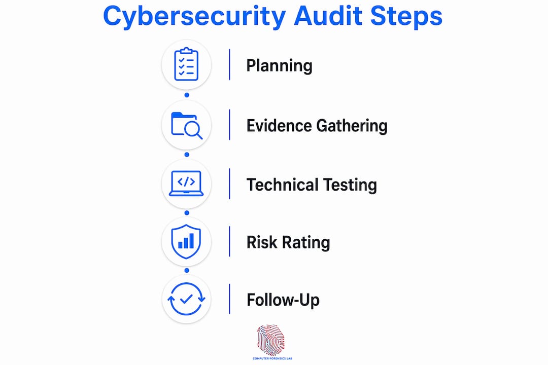 Why use cybersecurity audits: a guide for UK decision-makers 1 Infographic outlining cybersecurity audit process steps