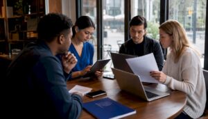 Business team discussing cybersecurity audit documents