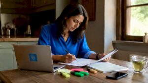 Woman conducting online digital investigation at desk