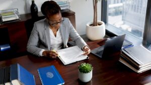 Solicitor reviewing cybersecurity policy in office